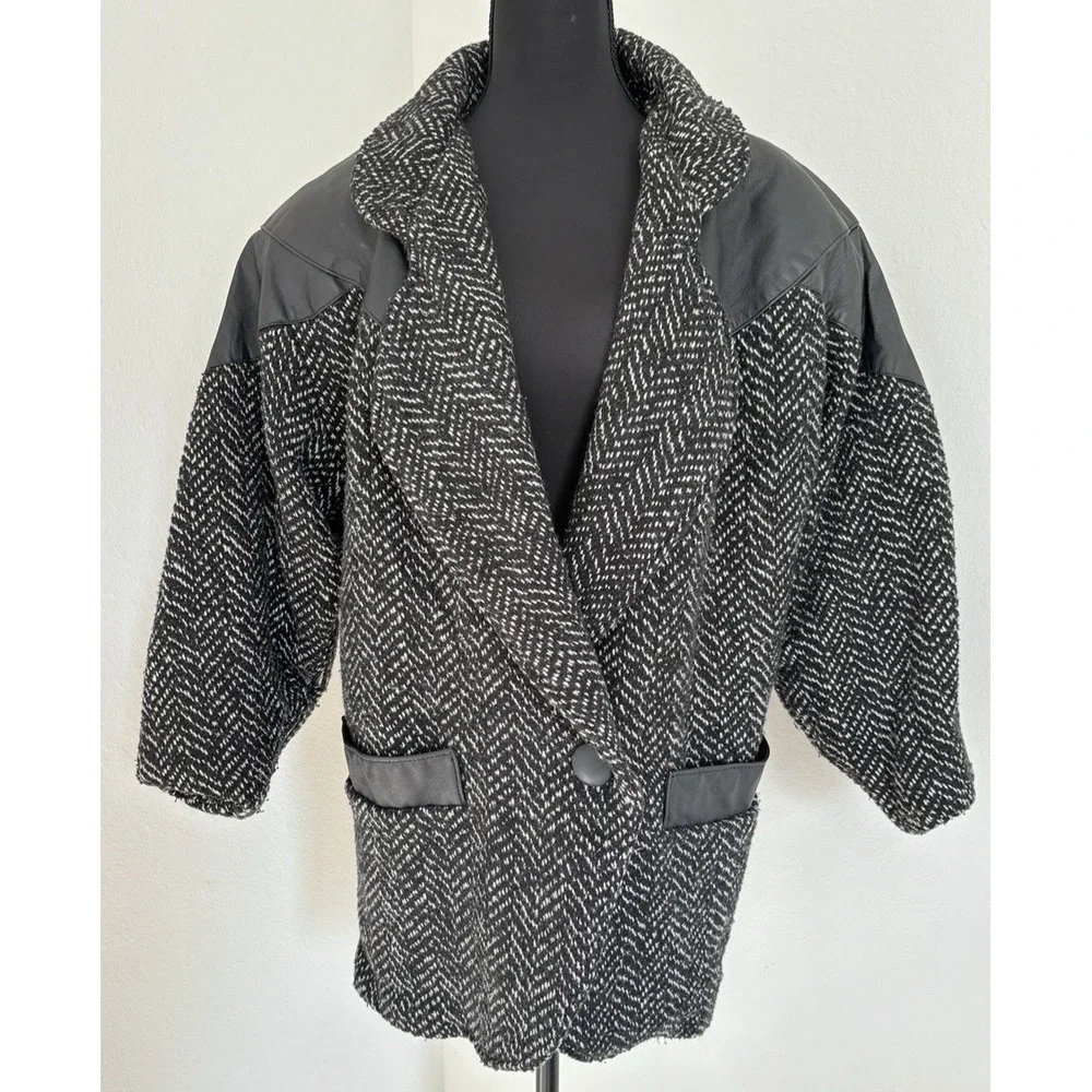 Vintage 80s Herringbone Tweed Wool Coat Leather Trim‎ Working Girl Blazer 9-10